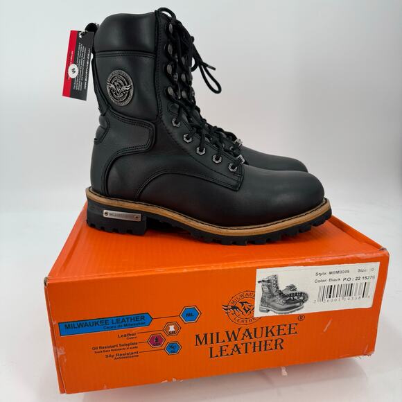NWT Milwaukee leather Mens Classic black leather lace up logger boots